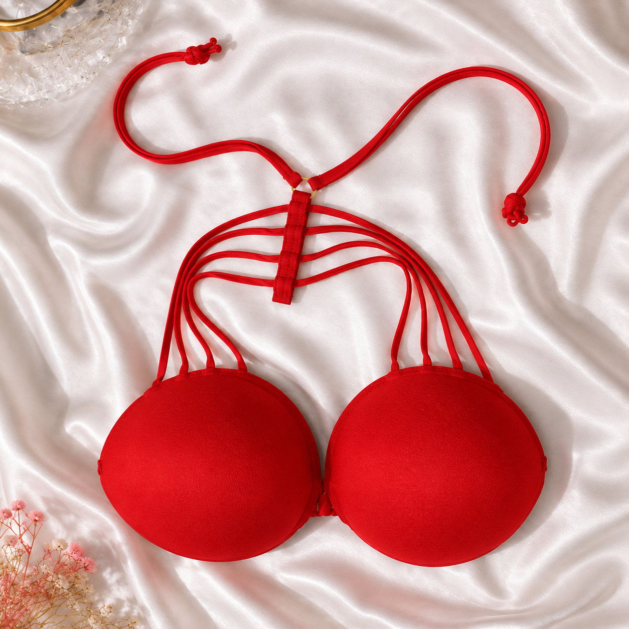 A bright red underwire bra with multiple thin adjustable tie straps, laid flat on a white satin fabric background.